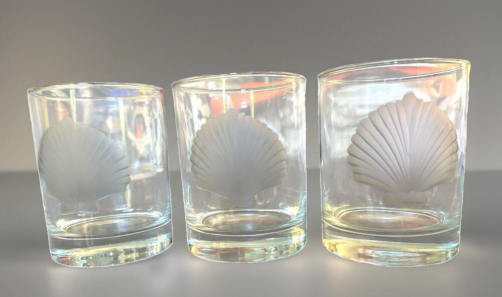 Etched Old Fashioned Glass Whiskey Low Ball Scallop, Set Of 3